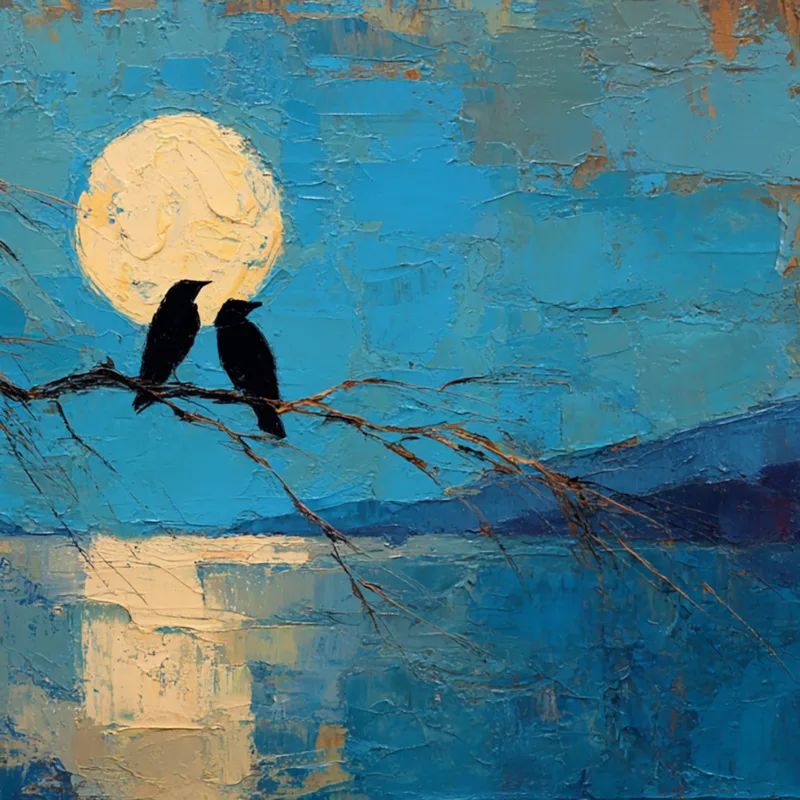 Two black crows perched on a branch against a blue background with a large moon reflecting on water.