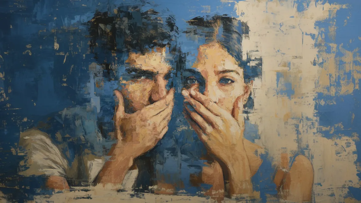Abstract painting of a man and woman covering their mouths with their hands, featuring a blue and beige color palette.