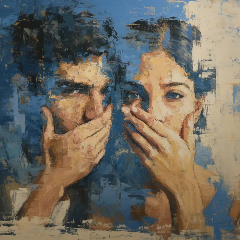 Abstract painting of a man and woman covering their mouths with their hands, featuring a blue and beige color palette.