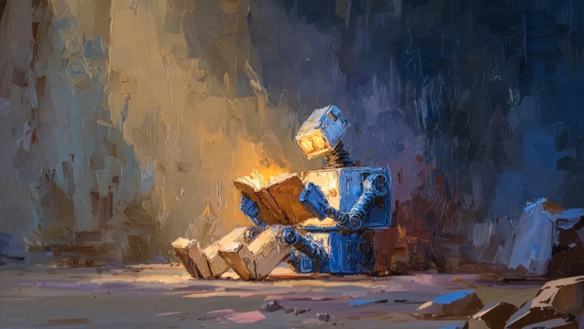 A robot sitting on the ground, reading a book, with a warm light illuminating its face in a textured, artistic setting.