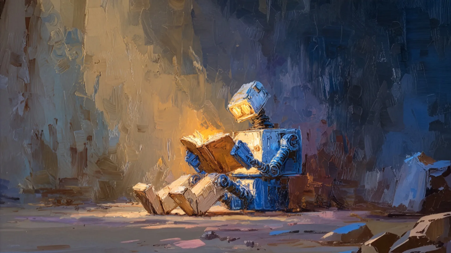 A robot sitting on the ground, reading a book, with a warm light illuminating its face in a textured, artistic setting.